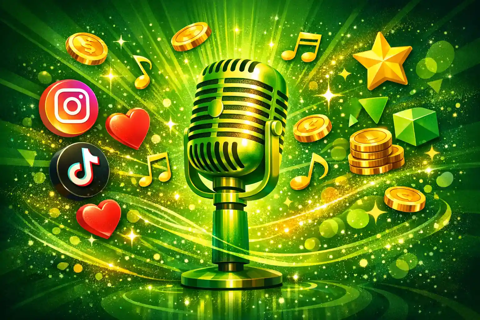 Micrófono estilizado en degradado verde-amarillo en el centro de un banner digital brillante, rodeado de notas musicales, monedas doradas, iconos de redes sociales y elementos decorativos que simbolizan música y entretenimiento online
