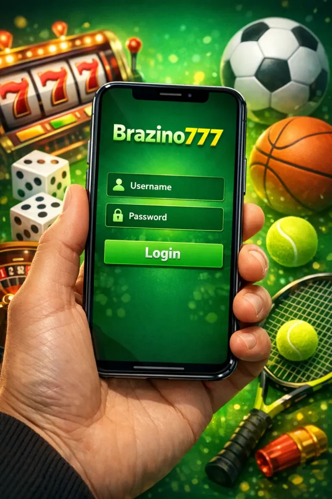 Smartphone en la mano mostrando la pantalla de login de Brazino777 con campos de usuario y contraseña sobre fondo verde con elementos de casino y deportes