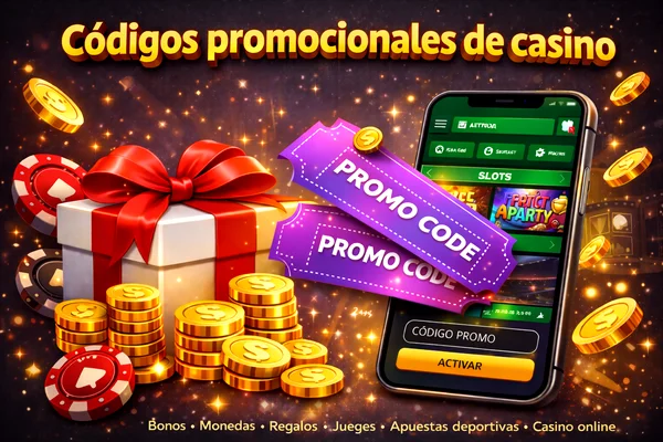 Banner de códigos promocionales de casino en línea con smartphone, monedas doradas, bono y cupones promocionales sobre fondo gris oscuro