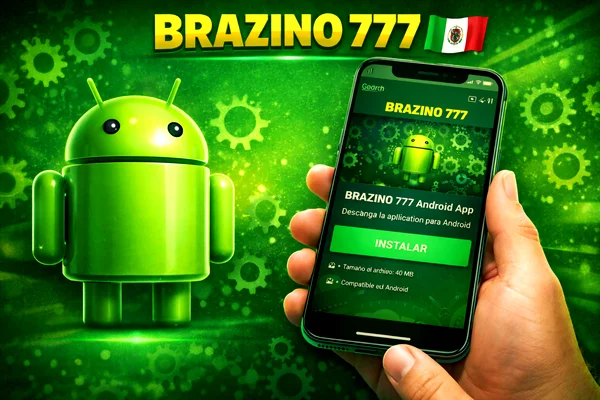 Banner promocional de Brazino 777 App para Android con robot verde, bandera de México y smartphone mostrando la página de descarga
