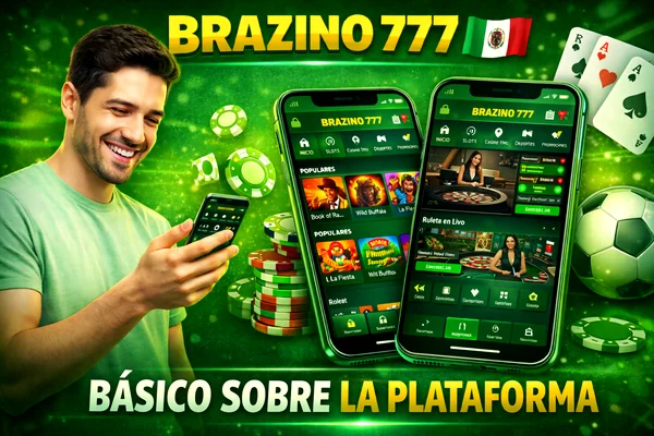 Banner promocional de Brazino 777 con hombre usando app móvil, dos smartphones con interfaz del casino, bandera de México y elementos de juego