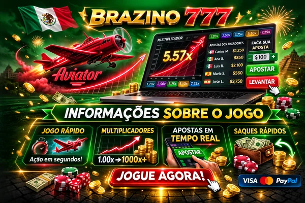 Banner publicitario de Brazino 777 Aviator con avión rojo, bandera de México y pantalla de juego con multiplicador