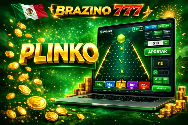 Banner publicitario de Brazino 777 Plinko con monedas doradas, bandera de México y computadora mostrando el juego Plinko