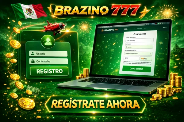 Banner promocional de registro en Brazino 777 con formulario Usuario y Contraseña, bandera de México y laptop con página de creación de cuenta