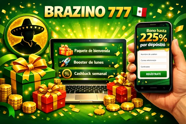 Bonos Brazino 777 — Paquete de bienvenida, Booster de lunes y Cashback semanal en banner promocional verde