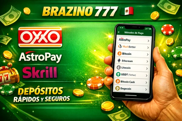 Banner promocional de Brazino 777 con métodos de pago en México: OXXO, AstroPay, Skrill, Bitcoin, Ethereum, Litecoin, USDT y Dogecoin