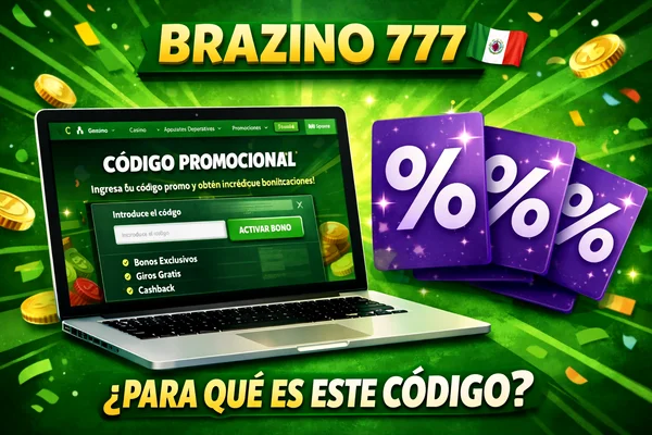 Banner publicitario de Brazino 777 con código promocional, bonos y bandera de México
