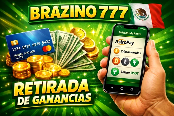 Banner promocional verde de Brazino 777 con smartphone mostrando métodos de retiro como AstroPay, criptomonedas y USDT, junto a tarjeta bancaria, efectivo y monedas doradas, con texto “Retirada de ganancias”