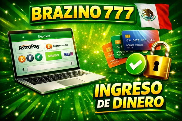 Banner promocional verde de Brazino 777 con ноутбук mostrando página de depósito con criptomonedas y métodos digitales, junto a tarjetas bancarias, candado y marca verde, con texto “Ingreso de dinero”